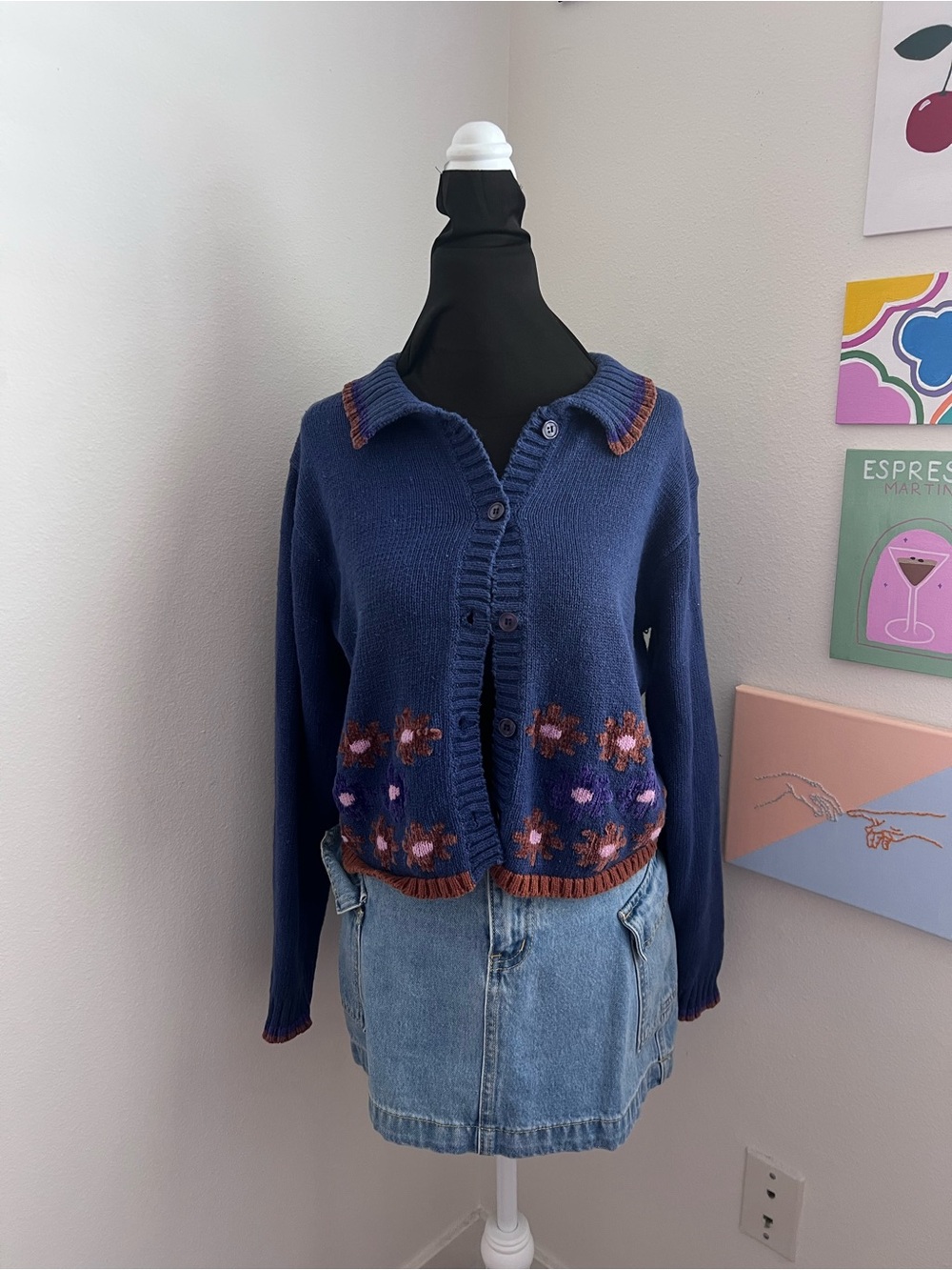 Vintage Red Paint Floral Knit Cardigan Cottagecore - Picture 1 of 5